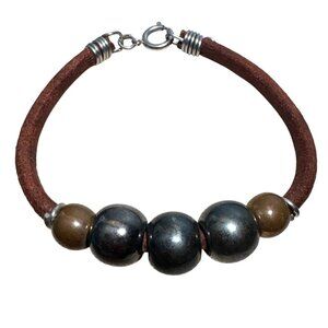Leather & Metal Beaded Bracelet Rope Design Rustic Earth Tones